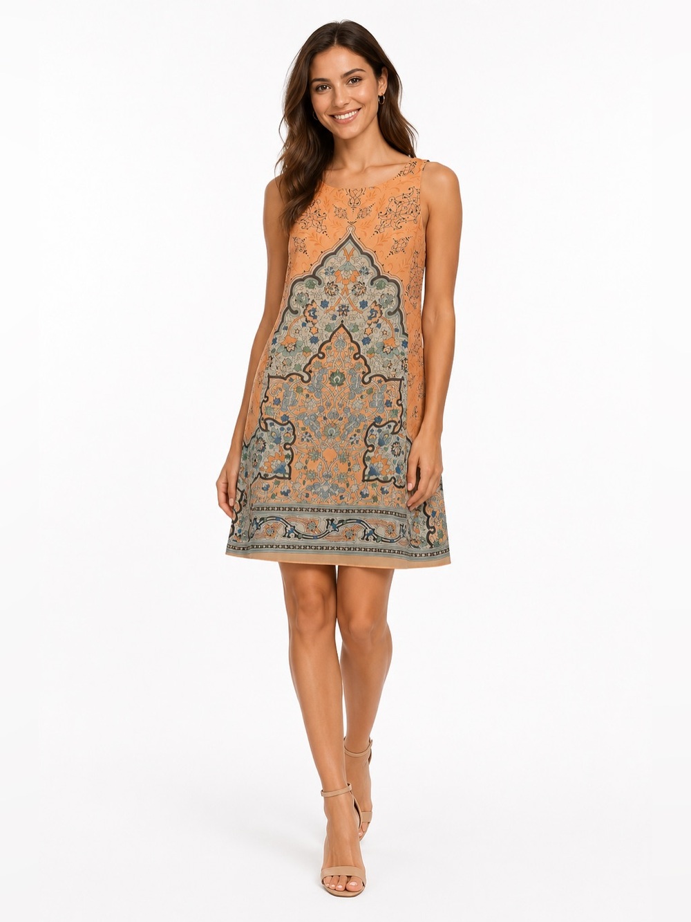 Sophie Max Coral Orange Boho Medallion Shift Dress Size S